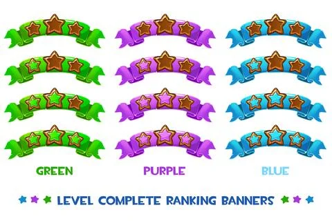 Vector Level complete ranking banners with wood stars on colored ribbon Stock Illustration