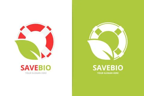 Vector lifebuoy and leaf logo combination. Unique lifeboat and organic logotype Stock Illustration