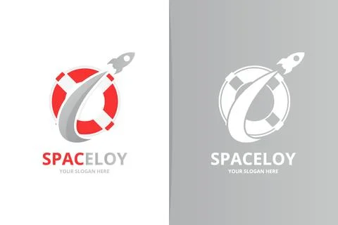 Vector lifebuoy and rocket logo combination. Unique lifeboat and flight logotype Illustrazione stock