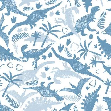 Vector light blue and white dinosaur sketch repeat pattern with chaotic arran Stock Illustration