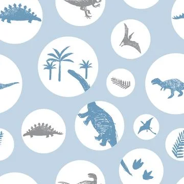 Vector light blue circles dinosaur sketch repeat pattern. Perfect for textile Stock Illustration