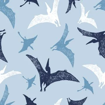 Vector light blue flying reptile dinosaur sketch repeat pattern. Perfect for  Stock Illustration