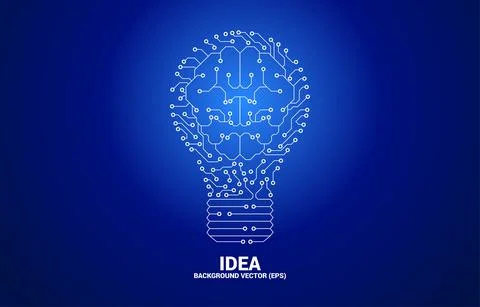 Vector light bulb from dot connect line circuit board with brain inside. Conc Stock Illustration