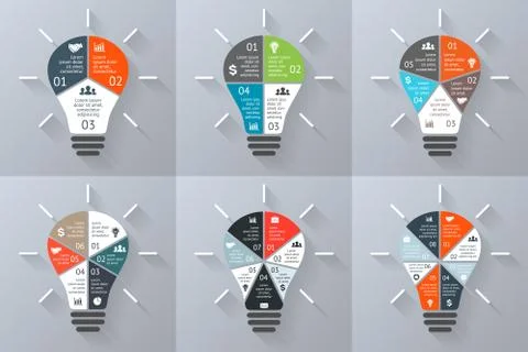 Vector light bulb infographics set. 3, 4, 5, 6, 7 options, parts, steps Stock Illustration