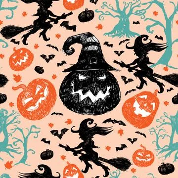 Vector light orange hand drawn halloween repeat pattern. Suitable for invitat Illustrazione stock
