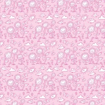 Vector light pink hand drawn happy smiling flowers repeat pattern with bees a Stock Illustration