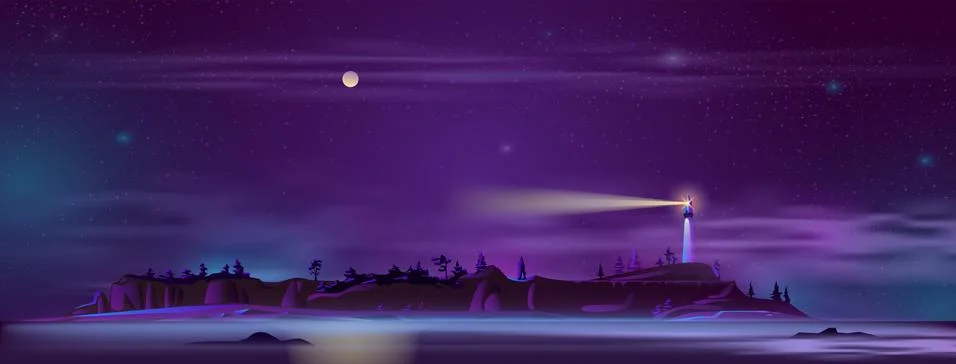 Vector lighthouse at night on the hill Stock Illustration