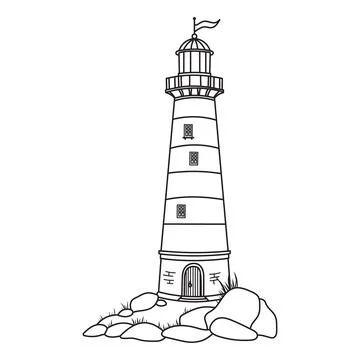 Vector Lighthouse on a rock. Linear Illustration of Beacon. Outline Drawing of Stock Illustration