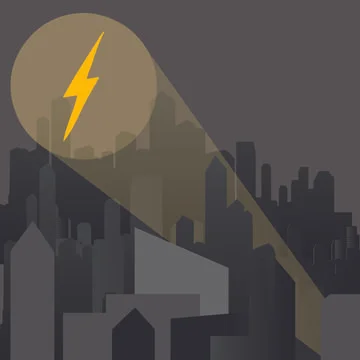 Vector of lightning bolt symbol light beaming over dark city buildings at night 库存插图