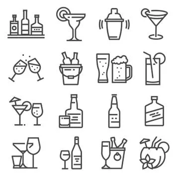 Vector line alcohol icons set on white background Illustrazione stock