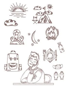 Vector line and strokes. The man sitting at the table is resting, closed his Stock Illustration