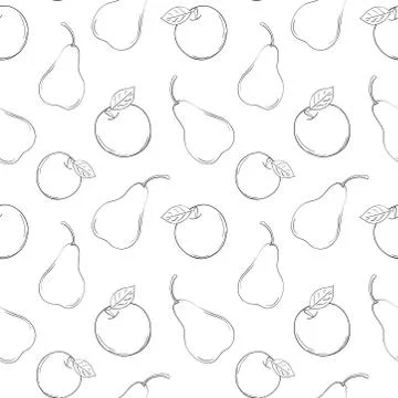 Vector line apple and pear seamless pattern. Monochrome background fruits Stock Illustration