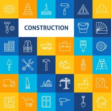 Vector Line Art Construction Icons Set Stock Illustration