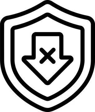 Vector line art icon displaying a shield with a downward arrow and cross ma.. Stock-Illustration