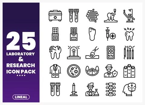 Vector line art icon set for laboratory and research. featuring medical. de.. Stock Illustration