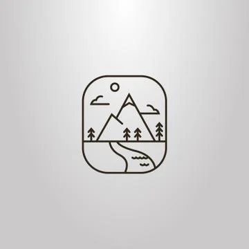 Vector line art isolated sign of mountain landscape with clouds, spruce and sun イラスト素材