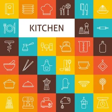 Vector Line Art Kitchenware and Cooking Utensils Icons Set Stock Illustration