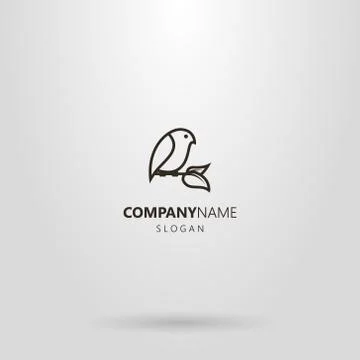 Vector line art logo of a bird sitting on a branch with two leaves Stock Illustration