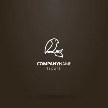 Vector line art logo of a bird sitting on a branch with two leaves Stock Illustration