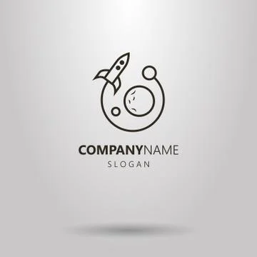 Vector line art logo of a flying rocket and planets Stock Illustration