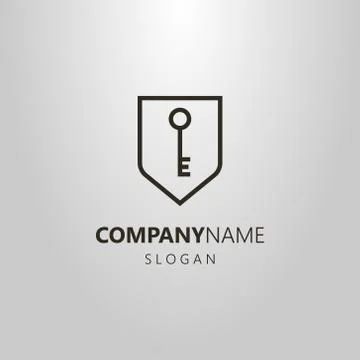 Vector line art logo of key in a shield frame Stock Illustration