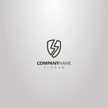 Vector line art logo of a shield with a thunderstorm sign on it Stock Illustration