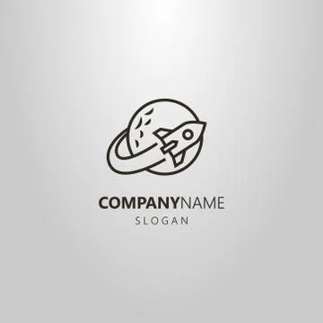 Vector line art logo of space rocket flying around the planet Stock Illustration