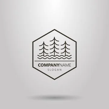 Vector line art logo of three trees and water waves in a hexagon frame Illustrazione stock