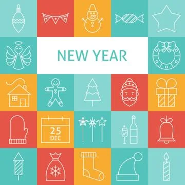 Vector Line Art Modern Happy New Year Holiday Icons Set Stock Illustration