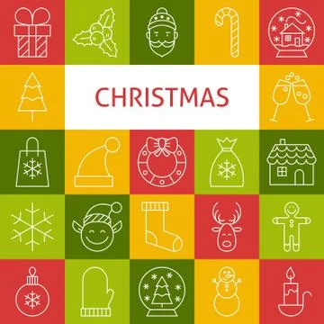 Vector Line Art Modern Merry Christmas Holiday Icons Set Stock Illustration