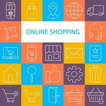 Vector Line Art Modern Online Shopping Icons Set Stock Illustration