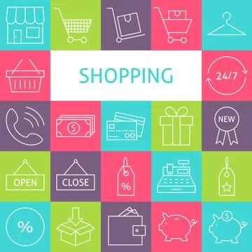 Vector Line Art Modern Shopping and Retail Icons Set Stock Illustration