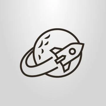 Vector line art pictogram of a space rocket flying around the planet Stock Illustration