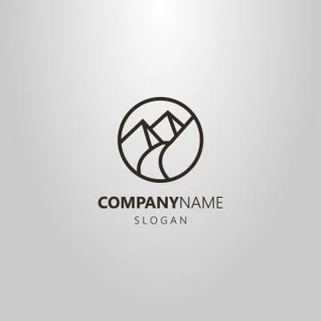 Vector line art round logo of the footpath in the mountains 스톡 일러스트