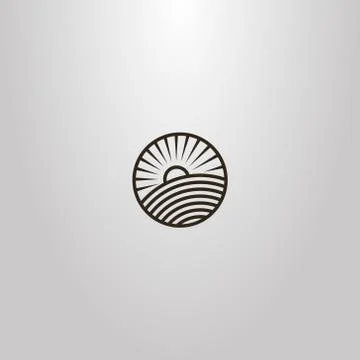 Vector line art round sign of sun rising over a field	 Stock Illustration