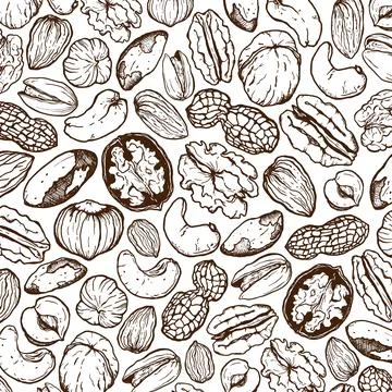 Vector line art seamless pattern of mix nuts. Hand painted pistachio, walnut, Stock Illustration