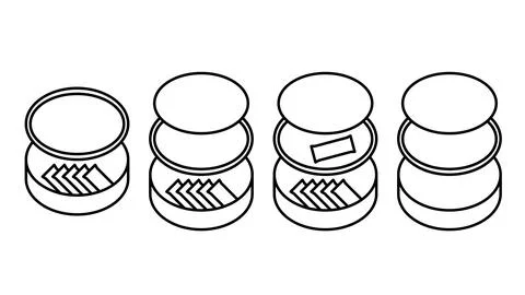 Vector line art showing different states of round snus tin box, open containe Stock Illustration