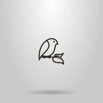 Vector line art sign of a bird sitting on a branch with two leaves Stock Illustration