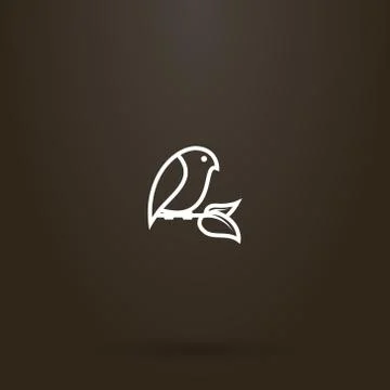 Vector line art sign of a bird sitting on a branch with two leaves Stock Illustration
