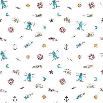 Vector line art summer seamless beach pattern. Seamless fabric or wrapping paper Illustrazione stock