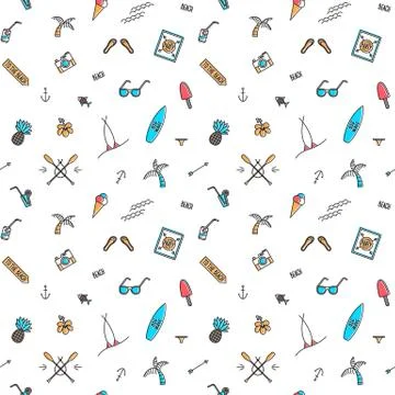 Vector line art summer seamless beach pattern. Seamless fabric or wrapping paper 스톡 일러스트