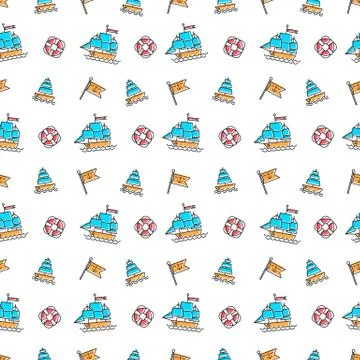 Vector line art summer seamless beach pattern. Seamless fabric or wrapping paper Stock Illustration