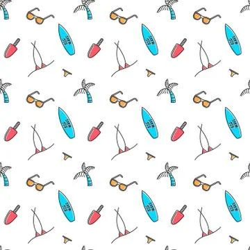 Vector line art summer seamless beach pattern. Seamless fabric or wrapping paper Stock Illustration