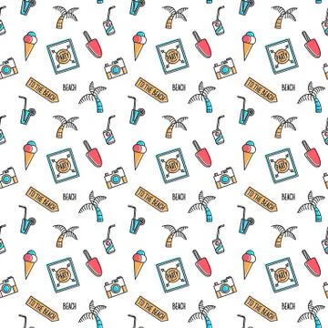 Vector line art summer seamless beach pattern. Seamless fabric or wrapping paper Stock Illustration