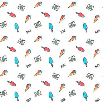 Vector line art summer seamless beach pattern. Seamless fabric or wrapping paper Stock Illustration