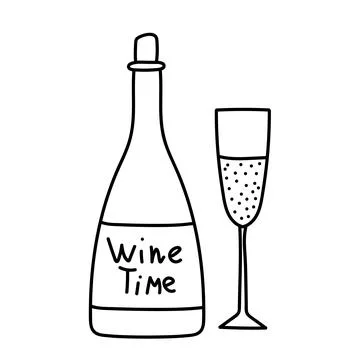 Vector line art wine bottle and glass alcohol Stock Illustration