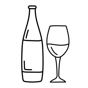 Vector line art wine bottle and glass alcohol Stock Illustration