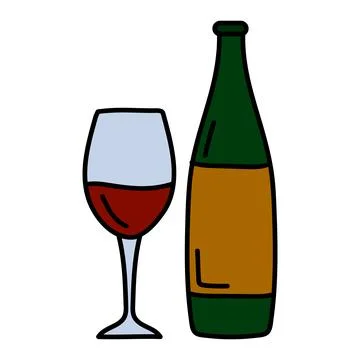 Vector line art wine bottle and glass alcohol Stock Illustration