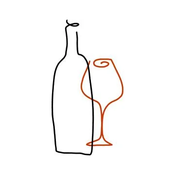 Vector line art wine minimal logo bottle and glass alcohol linear style label Stock Illustration