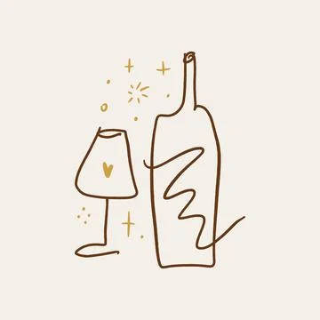 Vector line art wine minimal logo bottle and glass alcohol linear style label Stock Illustration